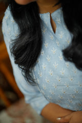 Slub silk embroidery kurti - Blue