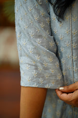 Slub silk embroidery kurti - Blue