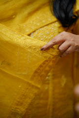 Stitched 3 piece chanderi salwar suit : Mustard and pear yoke