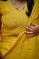 Stitched 3 piece chanderi salwar suit : Mustard and pear yoke