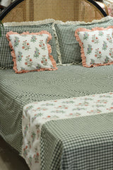 Bedsheets - Premium Queen check floral lace bedsheet with cushion covers bud
