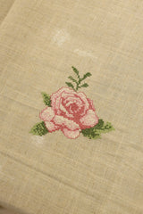 Pink Rose Cross Stitch Embroidery Beige Tablecloth (60x90 Inches) - 6 seater