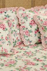 Bedsheets - Premium king floral printed lace bedsheet with cushion covers rose bud