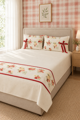Bedsheets - Queen Premium check floral embroidery bedsheet Xmas theme edition