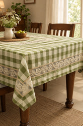 Classic Checkered 6 -Seater Tablecloth with Embroidered Lace Border POT