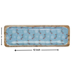 Rectangular Acacia Wood Server with Blue Floral Enamel