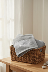 Premium Floral Embroidery Bath Towel – Pastel (Light grey)