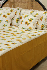 Bedsheets - Premium king floral printed lace bedsheet with cushion covers Yellow sunflower