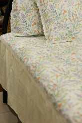 Bedsheets - Premium Queen floral printed lace bedsheet with cushion covers bud