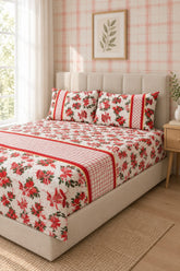 Bedsheets - Queen Premium check floral embroidery bedsheet Xmas theme edition