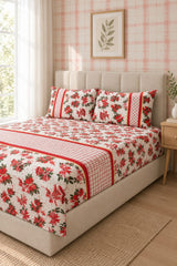 Bedsheets - Queen Premium check floral embroidery bedsheet Xmas theme edition