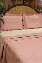 Premium Floral Embroidery Soft Cotton Queen Bedcover Set with Ruffled Pillow Covers