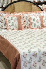Bedsheets - Premium Queen floral printed lace bedsheet with cushion covers bud