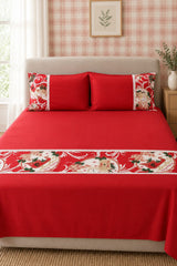 Bedsheets - Queen Premium check floral embroidery bedsheet Xmas theme edition