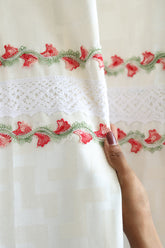Off-White Self-Patterned Curtain with Red Floral & White Crochet Lace Trim