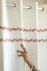 Off-White Self-Patterned Curtain with Red Floral & White Crochet Lace Trim