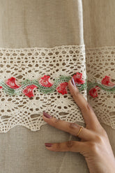 Natural Beige Opaque Curtain with Red Floral Crochet Lace Trim