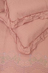 Premium Floral Embroidery Soft Cotton Queen Bedcover Set with Ruffled Pillow Covers