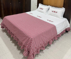 Bedsheets - King Premium check floral embroidery bedsheet Xmas edition