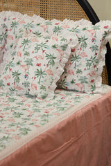 Bedsheets - Premium king floral printed lace bedsheet with cushion covers pink bud