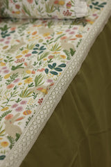 Bedsheets - Premium king floral printed lace bedsheet with cushion covers green bud