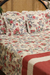 Bedsheets - Premium king floral printed lace bedsheet with cushion covers redbud