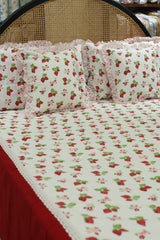 Bedsheets - Premium queen floral printed lace bedsheet with cushion covers straberry bud