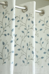Premium White Opaque Curtain with Blue Floral Embroidery