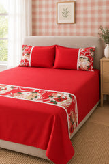 Bedsheets - Queen Premium check floral embroidery bedsheet Xmas theme edition