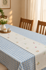 Table cloth - Check embroidery (6 Seater-blue)