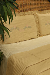 Premium Floral Embroidery Soft Cotton Queen Bedcover Set with Ruffled Pillow Covers