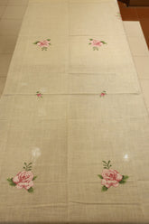 Pink Rose Cross Stitch Embroidery Beige Tablecloth (60x90 Inches) - 6 seater blossom