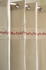 Natural Beige Opaque Curtain with Red Floral Crochet Lace Trim