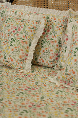 Bedsheets - Premium king floral printed lace bedsheet with cushion covers yellow bud