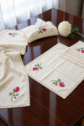 Combo Rose Table Linen Set (Runner, Placemats & Tissue Box Cover)