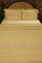 Premium Floral Embroidery Soft Cotton Queen Bedcover Set with Ruffled Pillow Covers