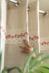 Natural Beige Opaque Curtain with Red Floral Crochet Lace Trim