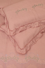 Premium Floral Embroidery Soft Cotton Queen Bedcover Set with Ruffled Pillow Covers