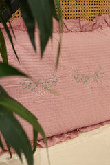 Premium Floral Embroidery Soft Cotton Queen Bedcover Set with Ruffled Pillow Covers