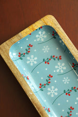 Rectangular Acacia Wood Server with Blue Floral Enamel