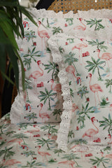Bedsheets - Premium king floral printed lace bedsheet with cushion covers pink bud