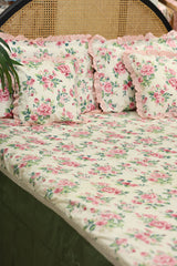 Bedsheets - Premium king floral printed lace bedsheet with cushion covers rose bud