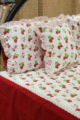 Bedsheets - Premium king floral printed lace bedsheet with cushion covers strawberry bud
