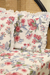 Bedsheets - Premium king floral printed lace bedsheet with cushion covers redbud