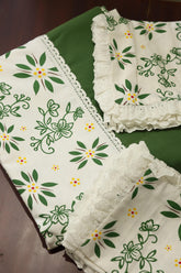 Bedsheets - Premium king printed lace bedsheet with cushion covers Bottle green bud