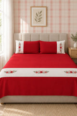 Bedsheets - Queen Premium check floral embroidery bedsheet Xmas theme edition