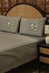 Premium Machine Embroidery Soft Cotton Queen Bedsheet Set - Grey
