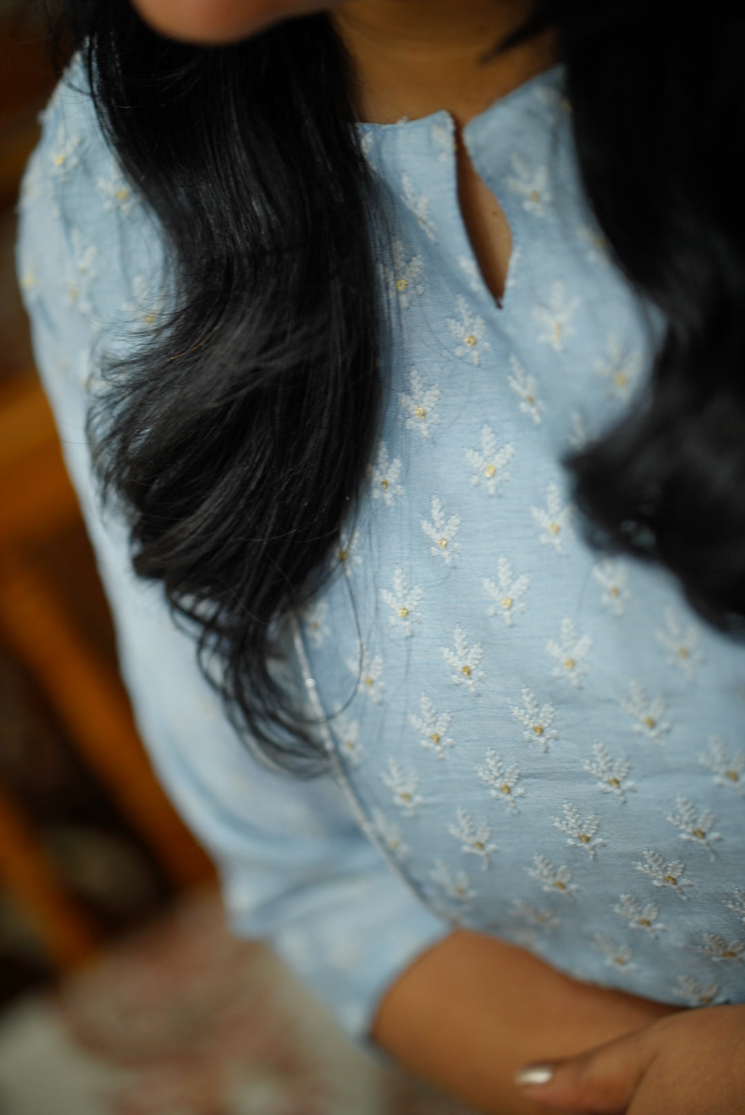 Slub silk embroidery kurti - Blue