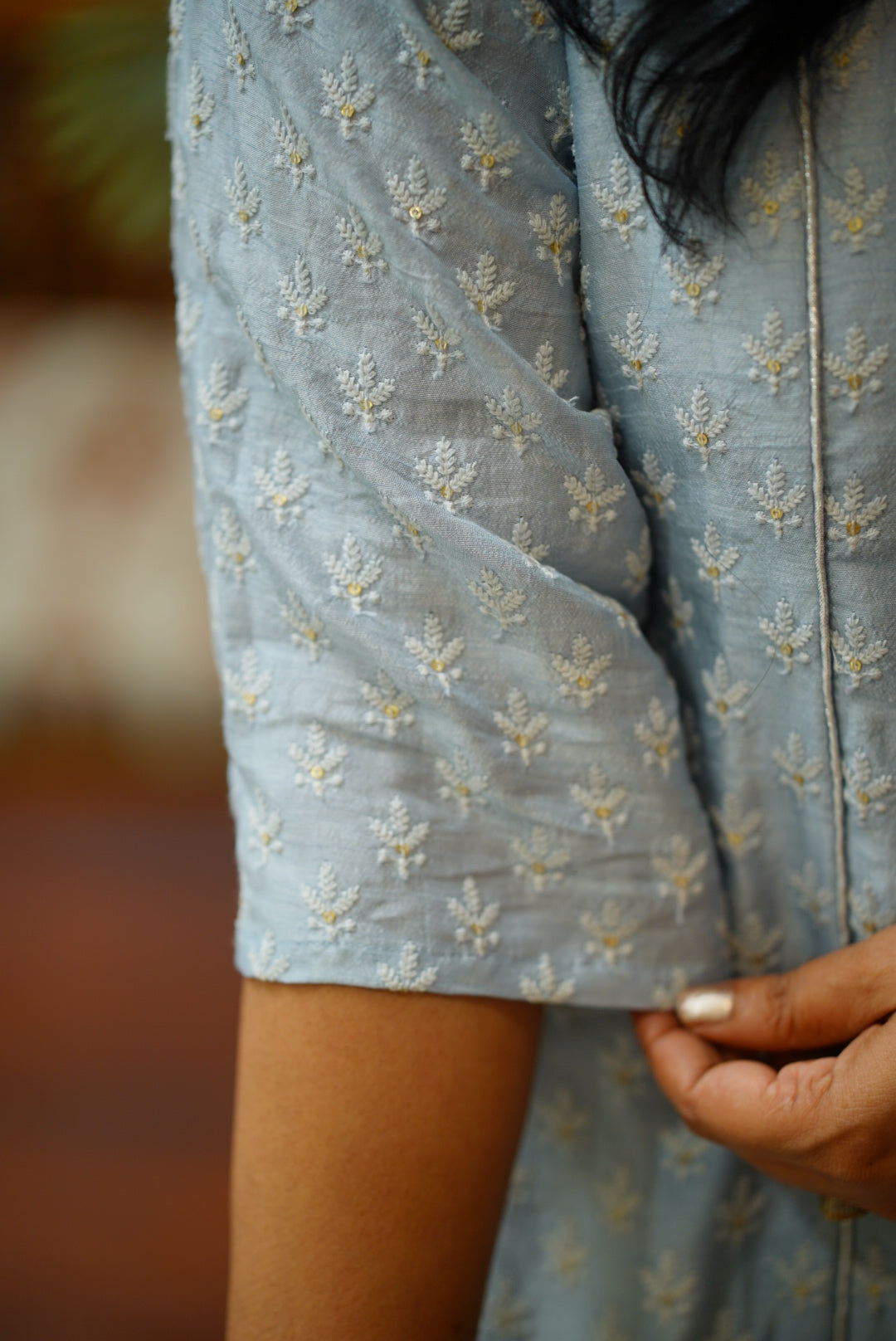 Slub silk embroidery kurti - Blue