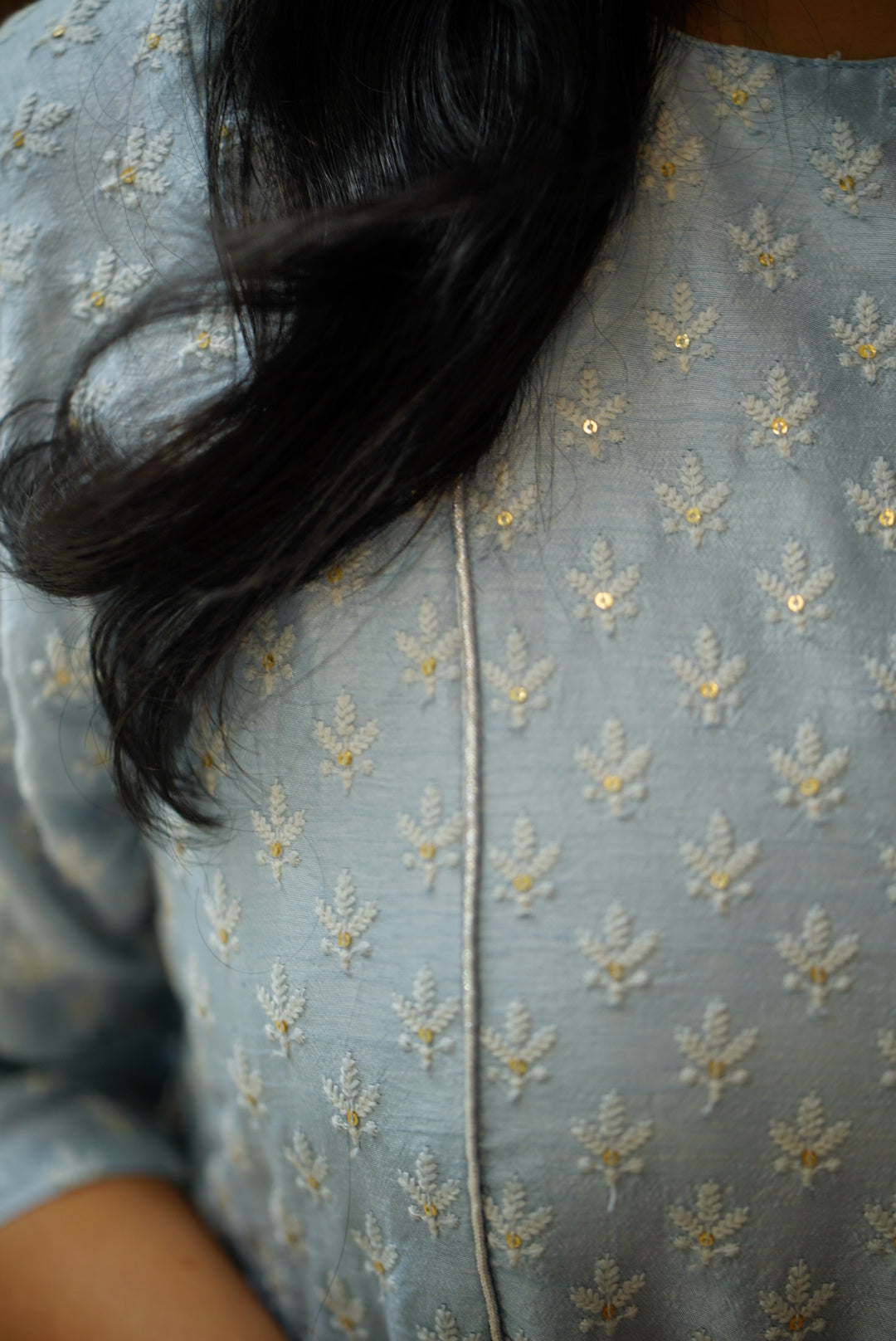 Slub silk embroidery kurti - Blue